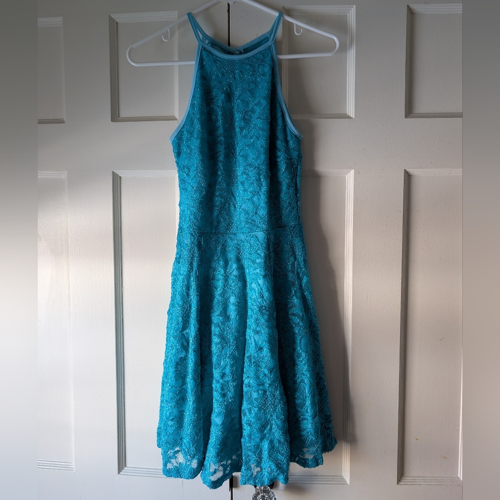 Sparkly Turquoise Lace Halter Keyhole Back Special Occasion Dress Like New Small